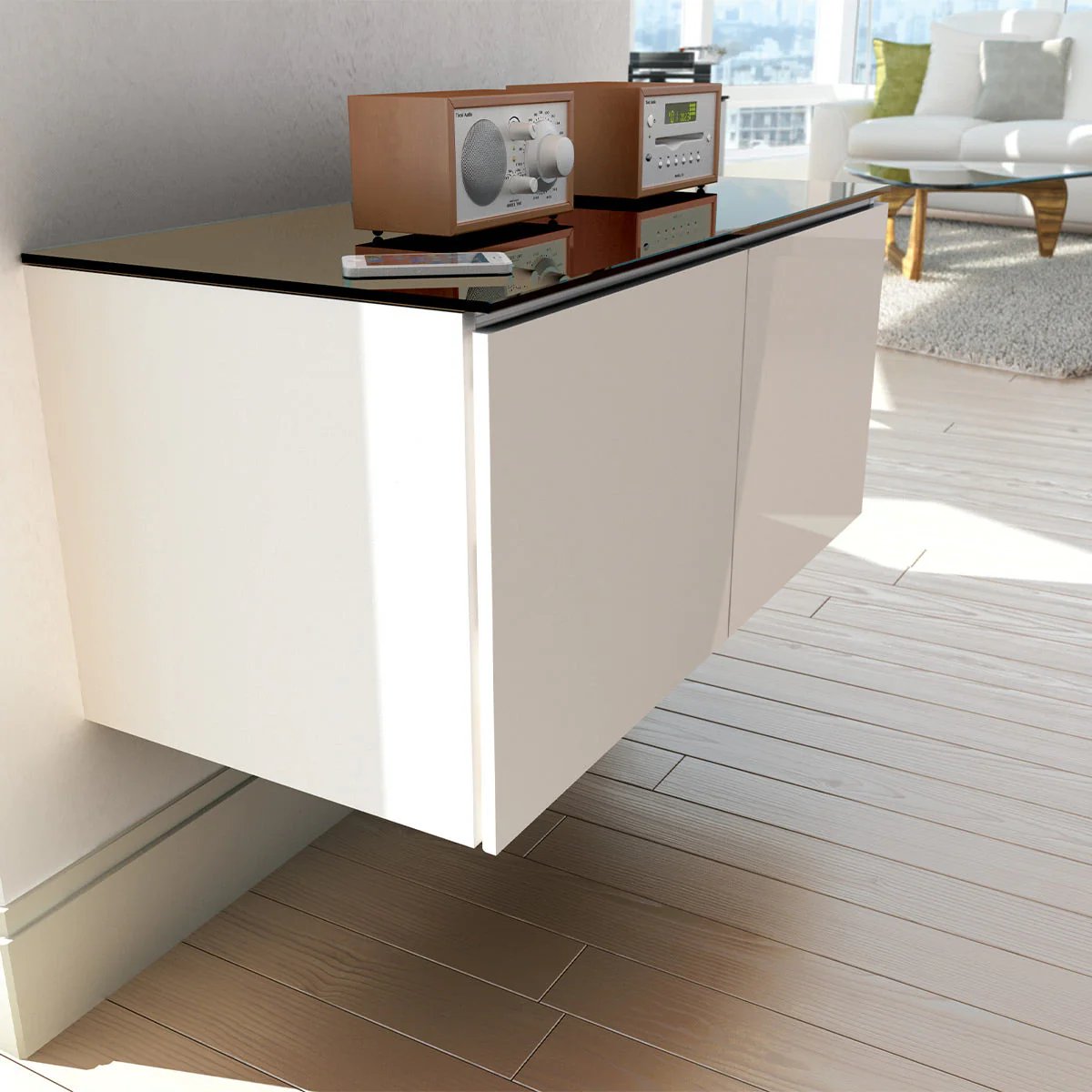 Salamander Chameleon Miami 221 Twin AV Cabinet (High Gloss White with Black Glass Top) - Image 2